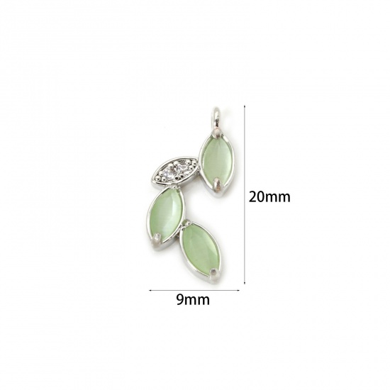 Image de 1 Pièce Breloques Collection Végétale Respectueux de la Nature en Laiton (Plomb et Nickel Inoffensif) & Œil de Chat Plaqué Platine Véritable Vert Feuille à Zircone Cubique Clair 20mm x 9mm