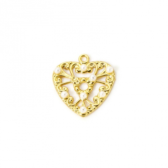 Image de 2 Pcs Breloques La Saint Valentin Respectueux de la Nature en Laiton Plaqué Or Véritable 18K Blanc Cœur Perle Imitation Acrylique 19mm x 17mm