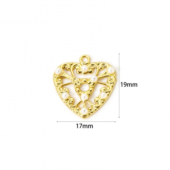Image de 2 Pcs Breloques La Saint Valentin Respectueux de la Nature en Laiton Plaqué Or Véritable 18K Blanc Cœur Perle Imitation Acrylique 19mm x 17mm