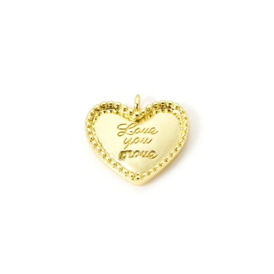 Image de 2 Pcs Breloques La Saint Valentin Respectueux de la Nature en Laiton Plaqué Or Véritable 18K Cœur Message " LOVE YOU MORE " à Zircone Cubique Clair 14mm x 13.5mm