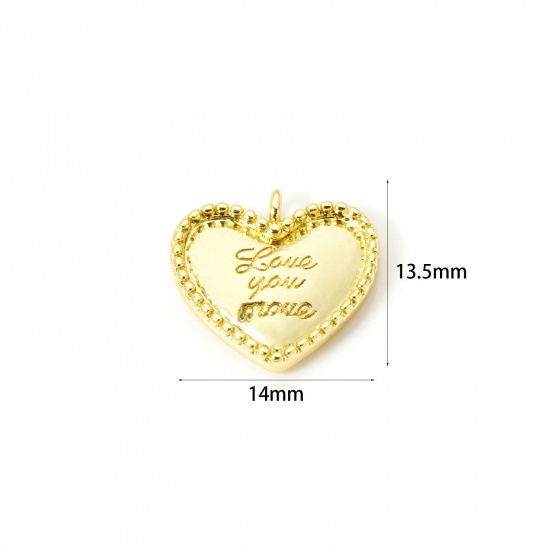 Image de 2 Pcs Breloques La Saint Valentin Respectueux de la Nature en Laiton Plaqué Or Véritable 18K Cœur Message " LOVE YOU MORE " à Zircone Cubique Clair 14mm x 13.5mm