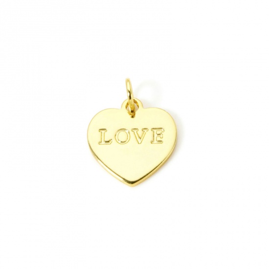 Image de 2 Pcs Breloques La Saint Valentin Respectueux de la Nature en Laiton Plaqué Or Véritable 18K Cœur Love 17mm x 13mm