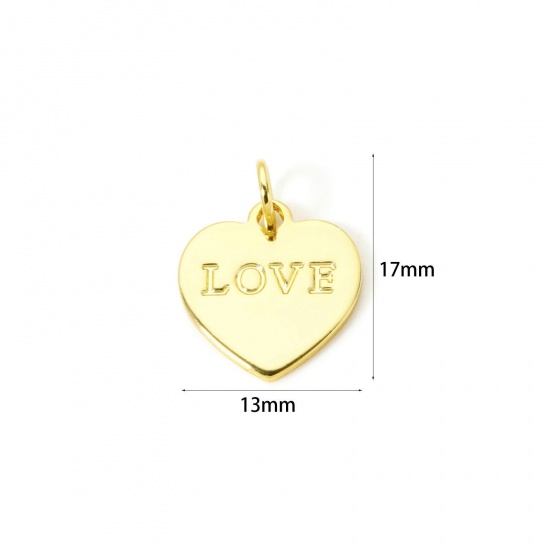 Image de 2 Pcs Breloques La Saint Valentin Respectueux de la Nature en Laiton Plaqué Or Véritable 18K Cœur Love 17mm x 13mm