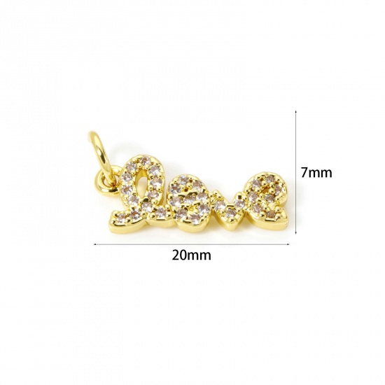 Image de 2 Pcs Breloques La Saint Valentin Respectueux de la Nature en Laiton Plaqué Or Véritable 18K Message " LOVE " Micro Pave à Zircone Cubique Clair 20mm x 7mm