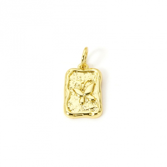 Image de 2 Pcs Breloques Insecte Respectueux de la Nature en Laiton Plaqué Or Véritable 18K Rectangle Papillons 17mm x 8mm