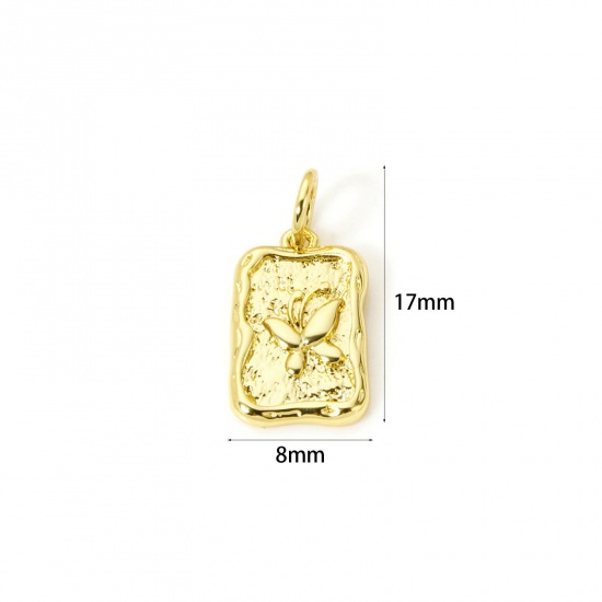 Image de 2 Pcs Breloques Insecte Respectueux de la Nature en Laiton Plaqué Or Véritable 18K Rectangle Papillons 17mm x 8mm