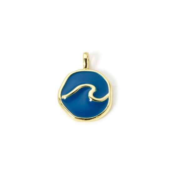 Picture of 2 PCs Eco-friendly Brass Charms 18K Real Gold Plated Dark Blue Enamel Irregular Wave 18.5mm x 14mm