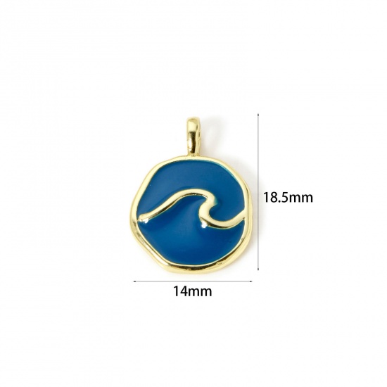 Picture of 2 PCs Eco-friendly Brass Charms 18K Real Gold Plated Dark Blue Enamel Irregular Wave 18.5mm x 14mm