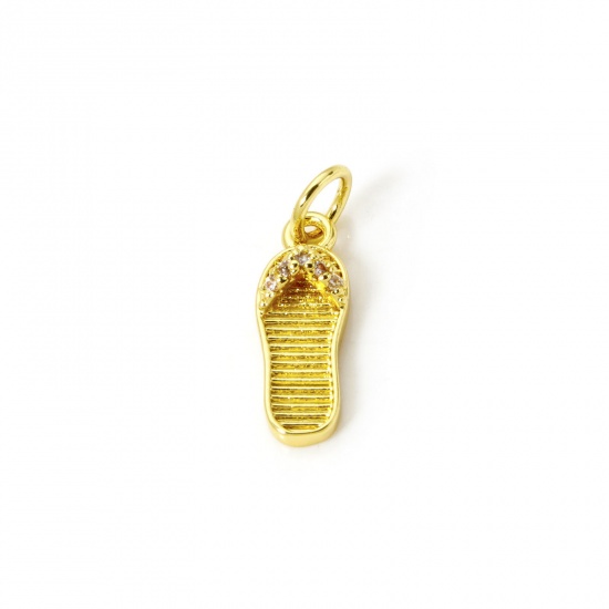 Picture of 2 PCs Eco-friendly Brass Clothes Charms 18K Real Gold Plated Flip Flops Slipper 3D Clear Cubic Zirconia 18mm x 5mm