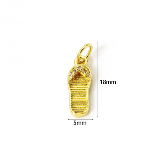 Picture of 2 PCs Eco-friendly Brass Clothes Charms 18K Real Gold Plated Flip Flops Slipper 3D Clear Cubic Zirconia 18mm x 5mm