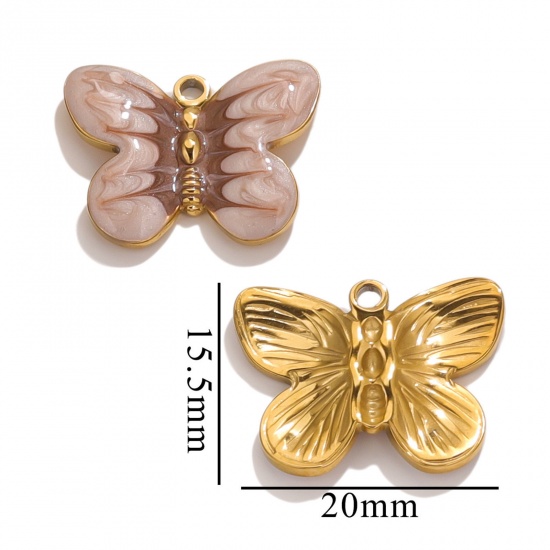 Imagen de 1 Unidad Recubrimiento al Vacío PVD Ecológico 304 Acero Inoxidable Colgantes Chapado en Oro Caqui Esmalte Mariposa 20mm x 15.5mm