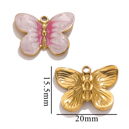 Imagen de 1 Unidad Recubrimiento al Vacío PVD Ecológico 304 Acero Inoxidable Colgantes Chapado en Oro Color rosa Esmalte Mariposa 20mm x 15.5mm