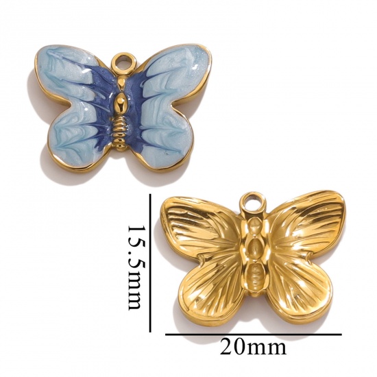 Imagen de 1 Unidad Recubrimiento al Vacío PVD Ecológico 304 Acero Inoxidable Colgantes Chapado en Oro Azul Esmalte Mariposa 20mm x 15.5mm