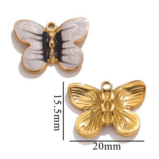 Imagen de 1 Unidad Recubrimiento al Vacío PVD Ecológico 304 Acero Inoxidable Colgantes Chapado en Oro Blanco Esmalte Mariposa 20mm x 15.5mm