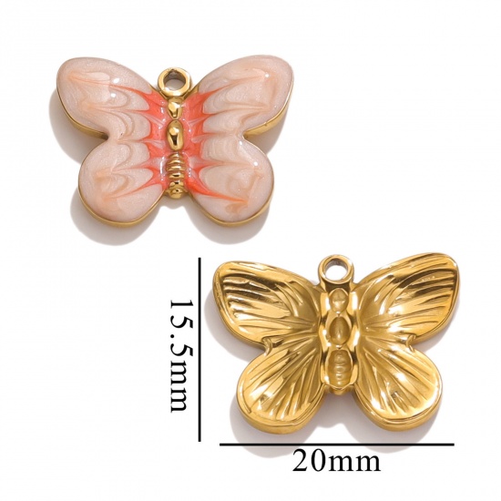 Imagen de 1 Unidad Recubrimiento al Vacío PVD Ecológico 304 Acero Inoxidable Colgantes Chapado en Oro Naranja Esmalte Mariposa 20mm x 15.5mm