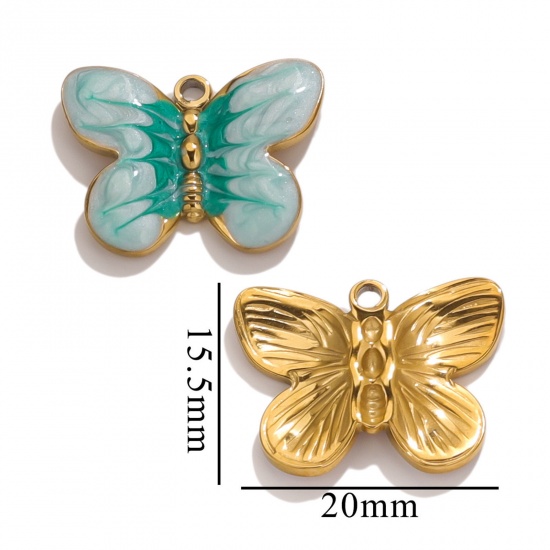 Imagen de 1 Unidad Recubrimiento al Vacío PVD Ecológico 304 Acero Inoxidable Colgantes Chapado en Oro Verde Esmalte Mariposa 20mm x 15.5mm