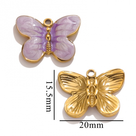 Imagen de 1 Unidad Recubrimiento al Vacío PVD Ecológico 304 Acero Inoxidable Colgantes Chapado en Oro Púrpura Esmalte Mariposa 20mm x 15.5mm