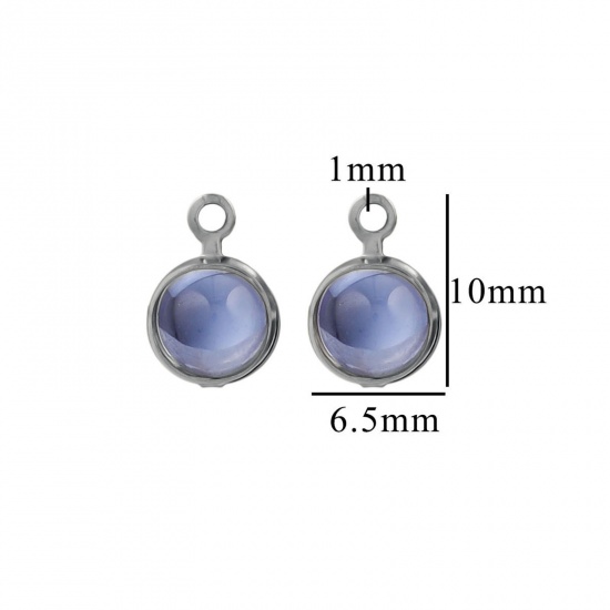 Picture of 10 PCs Eco-friendly 304 Stainless Steel & Glass Mini Charms Silver Tone Blue Round 6.5mm x 10mm