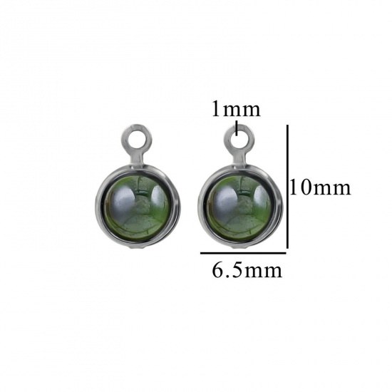 Picture of 10 PCs Eco-friendly 304 Stainless Steel & Glass Mini Charms Silver Tone Green Round 6.5mm x 10mm
