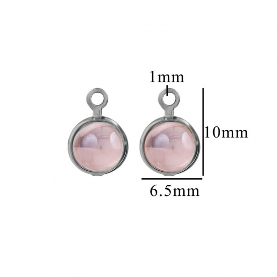Picture of 10 PCs Eco-friendly 304 Stainless Steel & Glass Mini Charms Silver Tone Pink Round 6.5mm x 10mm