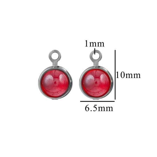 Picture of 10 PCs Eco-friendly 304 Stainless Steel & Glass Mini Charms Silver Tone Red Round 6.5mm x 10mm