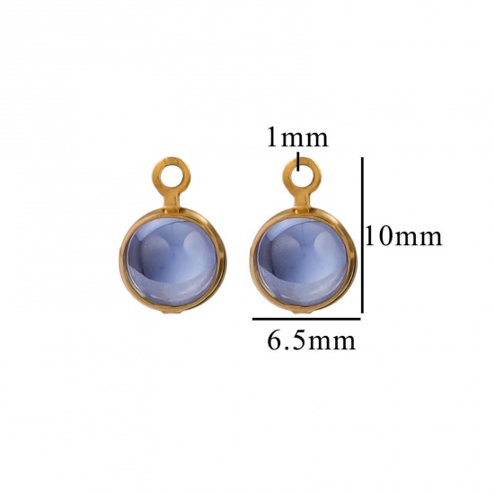 Picture of 10 PCs Eco-friendly 304 Stainless Steel & Glass Mini Charms Gold Plated Blue Round 6.5mm x 10mm