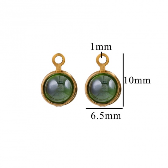 Picture of 10 PCs Eco-friendly 304 Stainless Steel & Glass Mini Charms Gold Plated Green Round 6.5mm x 10mm