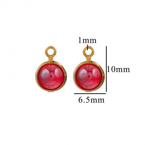 Picture of 10 PCs Eco-friendly 304 Stainless Steel & Glass Mini Charms Gold Plated Red Round 6.5mm x 10mm