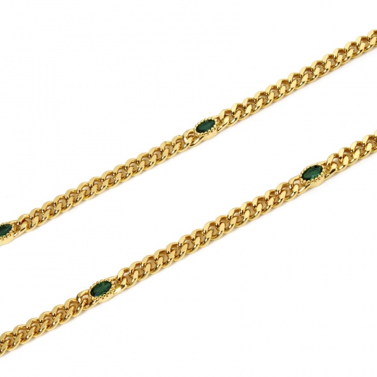 Picture of 1 M Eco-friendly Brass Curb Link Chain For Handmade DIY Jewelry Making Findings Oval 18K Real Gold Plated Green 4.5mm