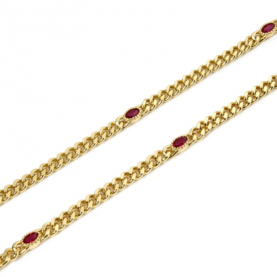 Picture of 1 M Eco-friendly Brass Curb Link Chain For Handmade DIY Jewelry Making Findings Oval 18K Real Gold Plated Red 4.5mm