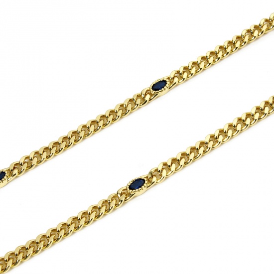 Picture of 1 M Eco-friendly Brass Curb Link Chain For Handmade DIY Jewelry Making Findings Oval 18K Real Gold Plated Dark Blue 4.5mm