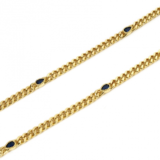 Imagen de 1 M Respetuoso del Medio Ambiente Latón Cadenas de Curb Para Accesorios Hechos a Mano para Hacer Joyas Gota 18K Oro Real Chapado Azul Oscuro 4.5mm