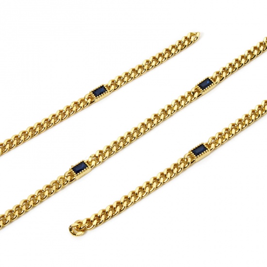 Bild von 1 Meter Umweltfreundlich Messing Panzerkette Kette Für handgefertigte Schmuckherstellung Rechteck 18K Echtgold plattiert Dunkelblau 4.5mm