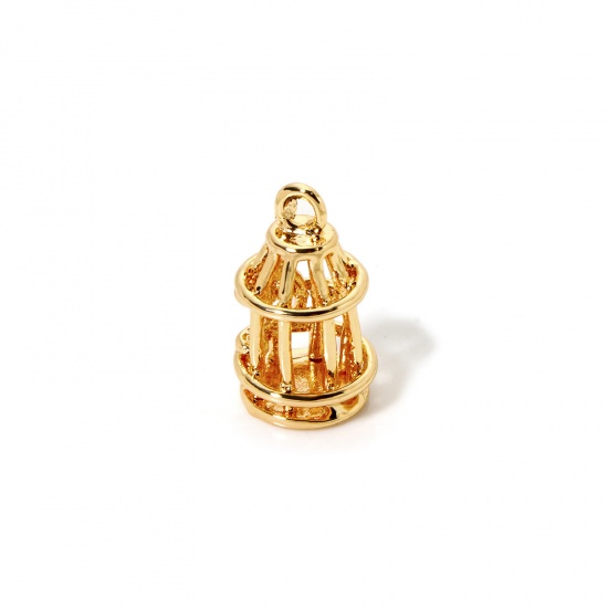 Immagine di 2 Pz Ecologico Ottone Ciondoli 18K Vero Oro Placcato Gabbia per Uccelli 3D 18mm x 11mm