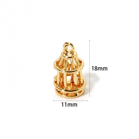 Immagine di 2 Pz Ecologico Ottone Ciondoli 18K Vero Oro Placcato Gabbia per Uccelli 3D 18mm x 11mm