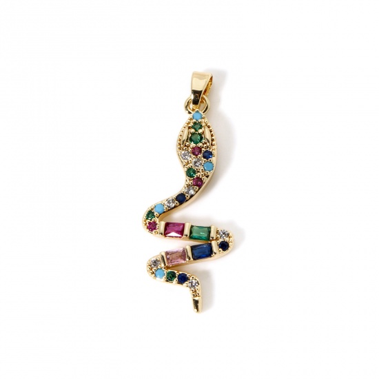 Immagine di 1 Pz Ecologico Ottone Ciondoli Pendenti 18K Vero Oro Placcato Serpente Micro Spianare Multicolore Cubic Zirconiae 3.7cm x 1.3cm