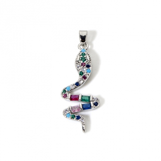 Immagine di 1 Pz Ecologico Ottone Ciondoli Pendenti Vero Platino Placcato Serpente Micro Spianare Multicolore Cubic Zirconiae 3.7cm x 1.3cm