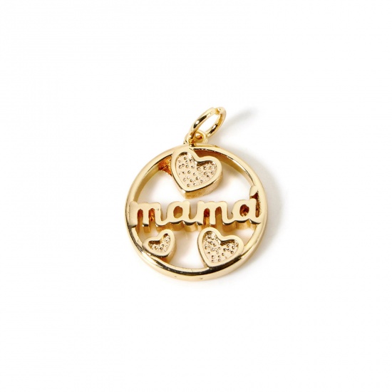 Picture of 2 PCs Eco-friendly Brass Mother's Day Charms 18K Real Gold Plated Round Heart Message " Mama " Hollow 21mm x 15mm