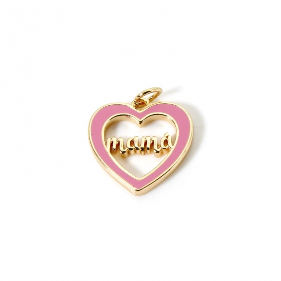 Picture of 2 PCs Eco-friendly Brass Mother's Day Charms 18K Real Gold Plated Pink Enamel Heart English Vocabulary Message " Mama " Hollow 20mm x 17mm