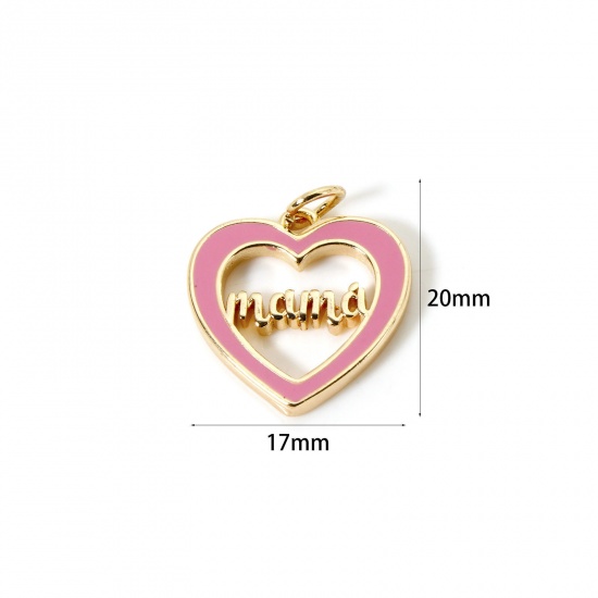 Picture of 2 PCs Eco-friendly Brass Mother's Day Charms 18K Real Gold Plated Pink Enamel Heart English Vocabulary Message " Mama " Hollow 20mm x 17mm