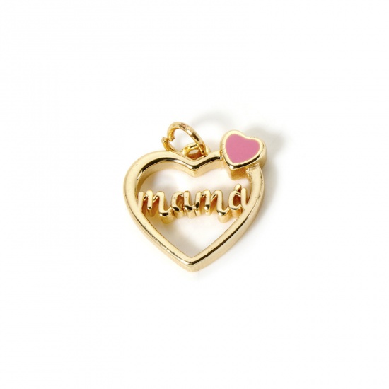 Picture of 2 PCs Eco-friendly Brass Mother's Day Charms 18K Real Gold Plated Pink Enamel Heart English Vocabulary Message " Mama " Hollow 18mm x 15mm