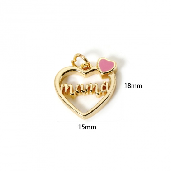 Picture of 2 PCs Eco-friendly Brass Mother's Day Charms 18K Real Gold Plated Pink Enamel Heart English Vocabulary Message " Mama " Hollow 18mm x 15mm