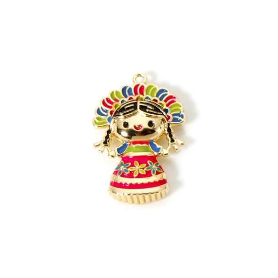 Immagine di 2 Pz Ecologico Ottone Ciondoli 18K Vero Oro Placcato Multicolore Smalto Bambola 24mm x 16mm