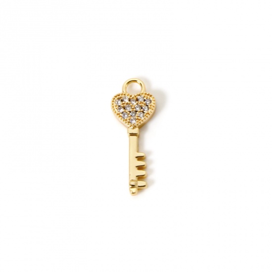 Imagen de 2 Unidades Respetuoso del Medio Ambiente Latón día de San Valentín Colgantes 18K Oro Real Chapado Llave Micro Pave Claro Circón Artificial 20mm x 7mm
