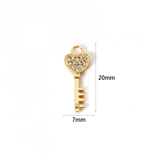 Imagen de 2 Unidades Respetuoso del Medio Ambiente Latón día de San Valentín Colgantes 18K Oro Real Chapado Llave Micro Pave Claro Circón Artificial 20mm x 7mm