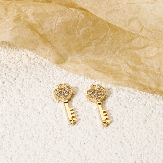 Imagen de 2 Unidades Respetuoso del Medio Ambiente Latón día de San Valentín Colgantes 18K Oro Real Chapado Llave Micro Pave Claro Circón Artificial 20mm x 7mm
