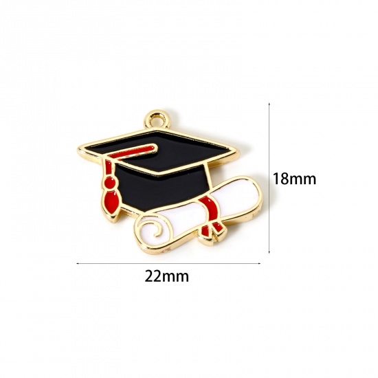 Imagen de 2 Unidades Respetuoso del Medio Ambiente Latón Joyería de la Universidad Colgantes 18K Oro Real Chapado Negro Esmalte Sombrero Doctoral 22mm x 18mm