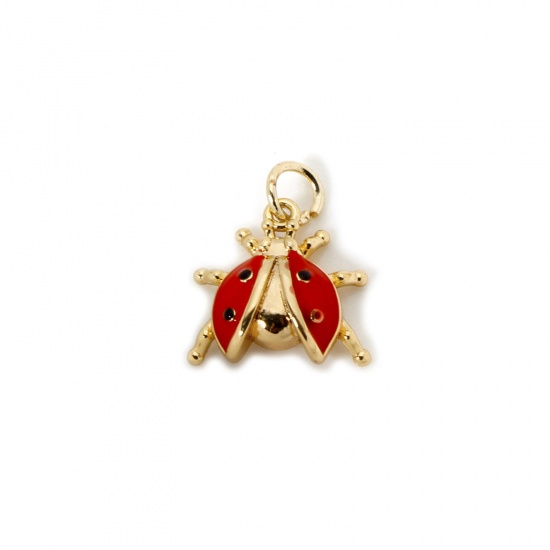 Picture of 2 PCs Eco-friendly Brass Insect Charms 18K Real Gold Plated Red Enamel Ladybug Animal 3D 17mm x 14mm