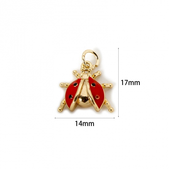Picture of 2 PCs Eco-friendly Brass Insect Charms 18K Real Gold Plated Red Enamel Ladybug Animal 3D 17mm x 14mm