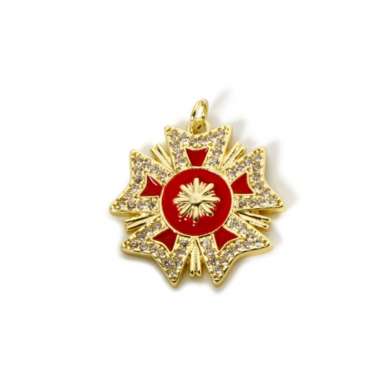 Imagen de 1 Unidad Respetuoso del Medio Ambiente Latón Colección Flora Colgantes 18K Oro Real Chapado Rojo Esmalte Flor Micro Pave Claro Circón Artificial 27mm x 24mm